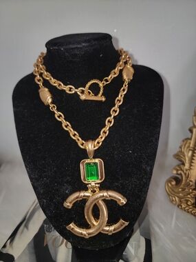 Gold-Tone Necklace with Green Gem Pendant - Designer Style
